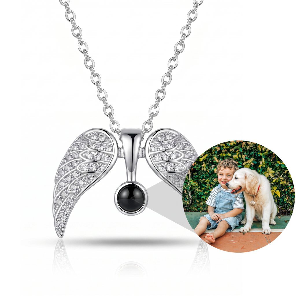 Personalized Pavé Angel Wings Photo Projection Necklace - Silver