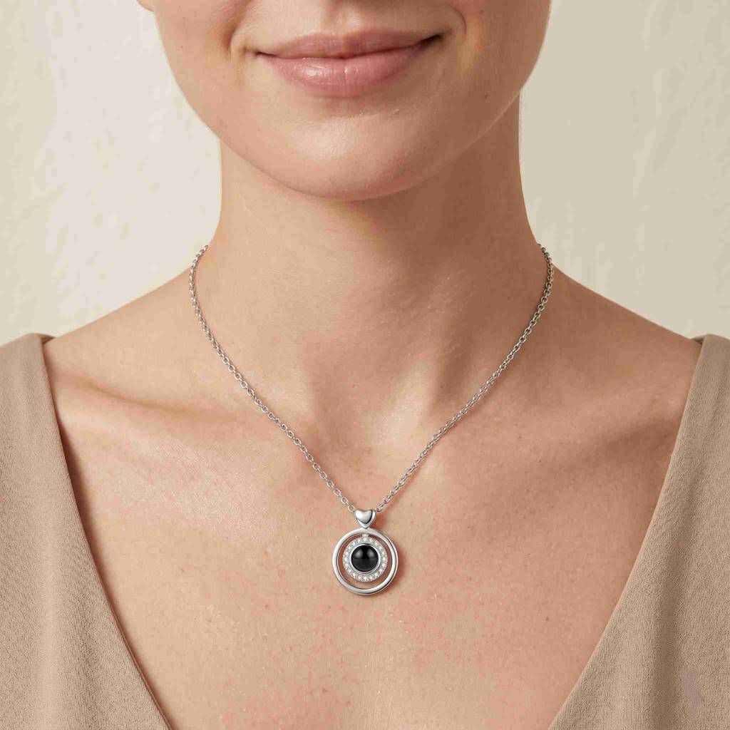Personalized Pavé Circular Photo Projection Necklace - Silver