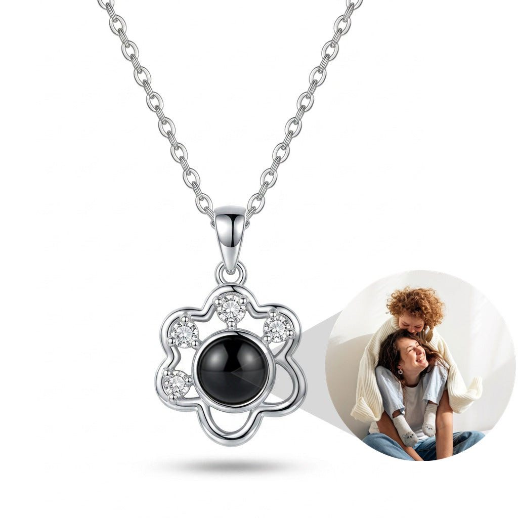 Personalized Pave Flower Photo Projection Necklace - Silver