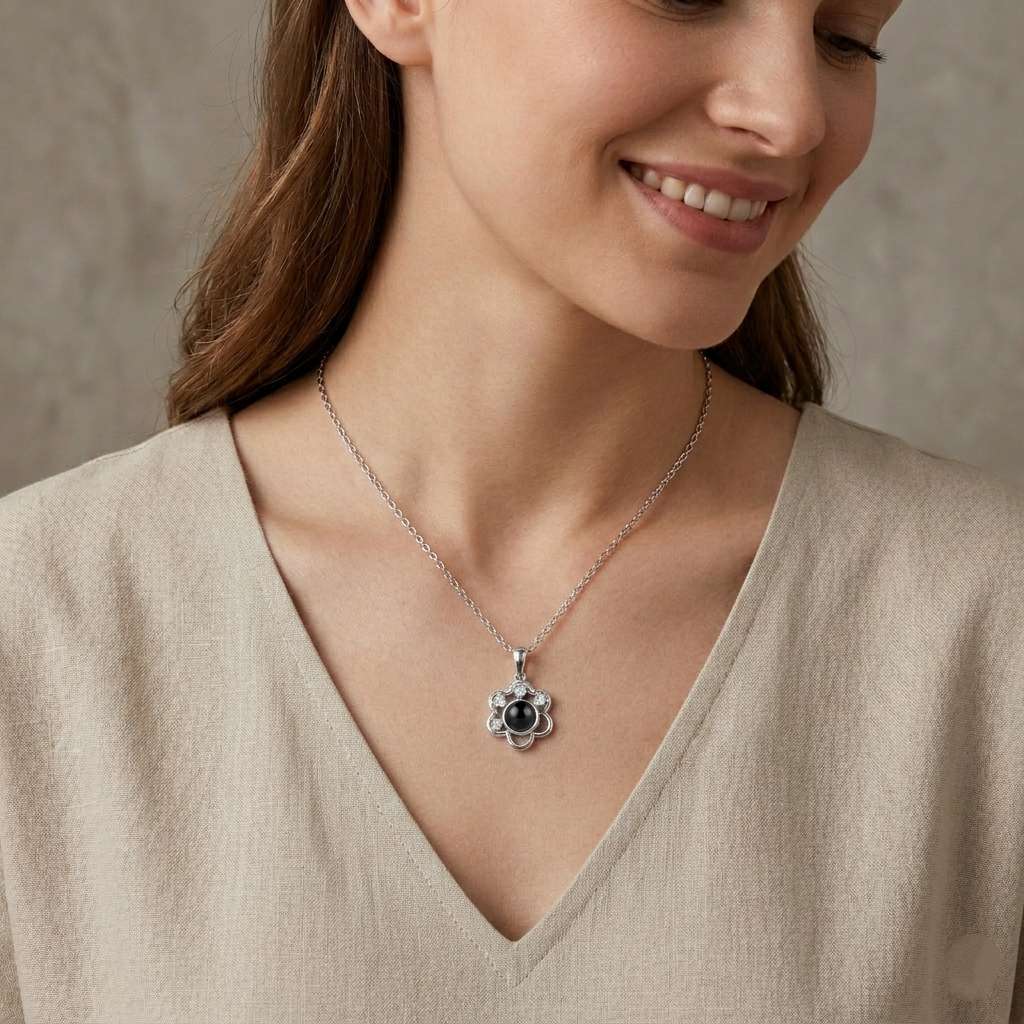 Personalized Pave Flower Photo Projection Necklace - Silver1