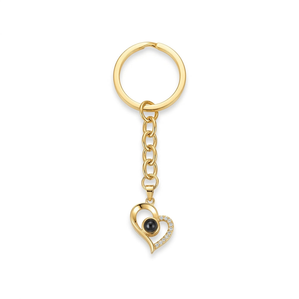 Personalized Pave Heart Photo Projection Keychain - Gold