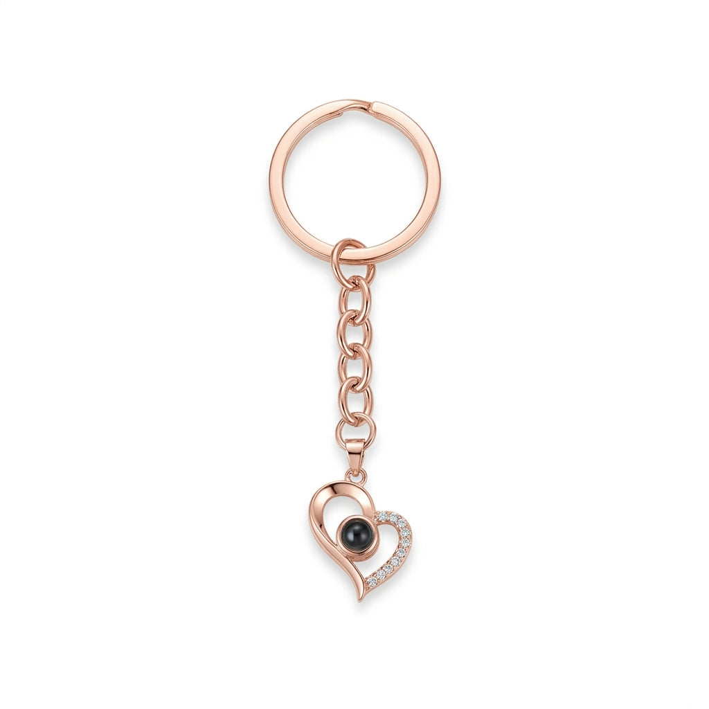 Personalized Pave Heart Photo Projection Keychain - Rose Gold
