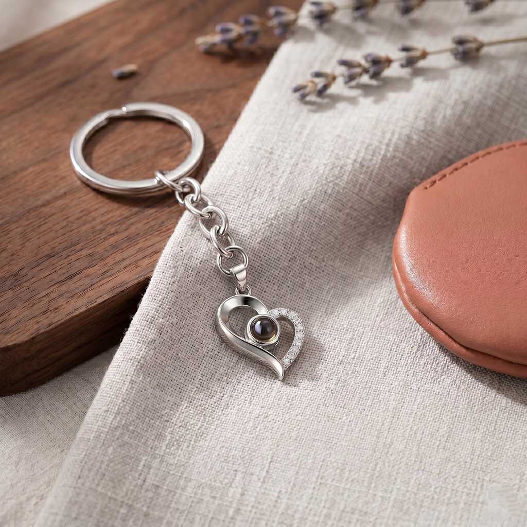 Personalized Pave Heart Photo Projection Keychain - Silver2