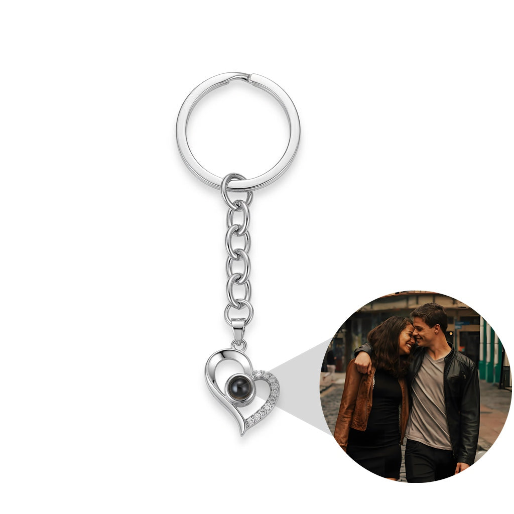 Personalized Pave Heart Photo Projection Keychain - Sliver