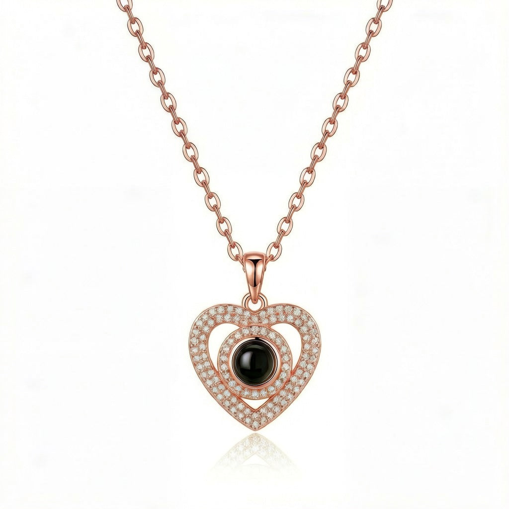 Personalized Pave Heart Photo Projection Necklace - Rose Gold