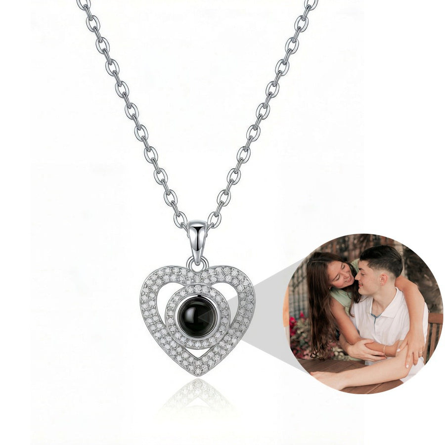 Personalized Pave Heart Photo Projection Necklace - Silver