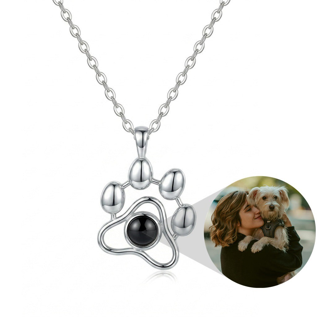 Personalized Paw Print Photo Projection Necklace - Silver