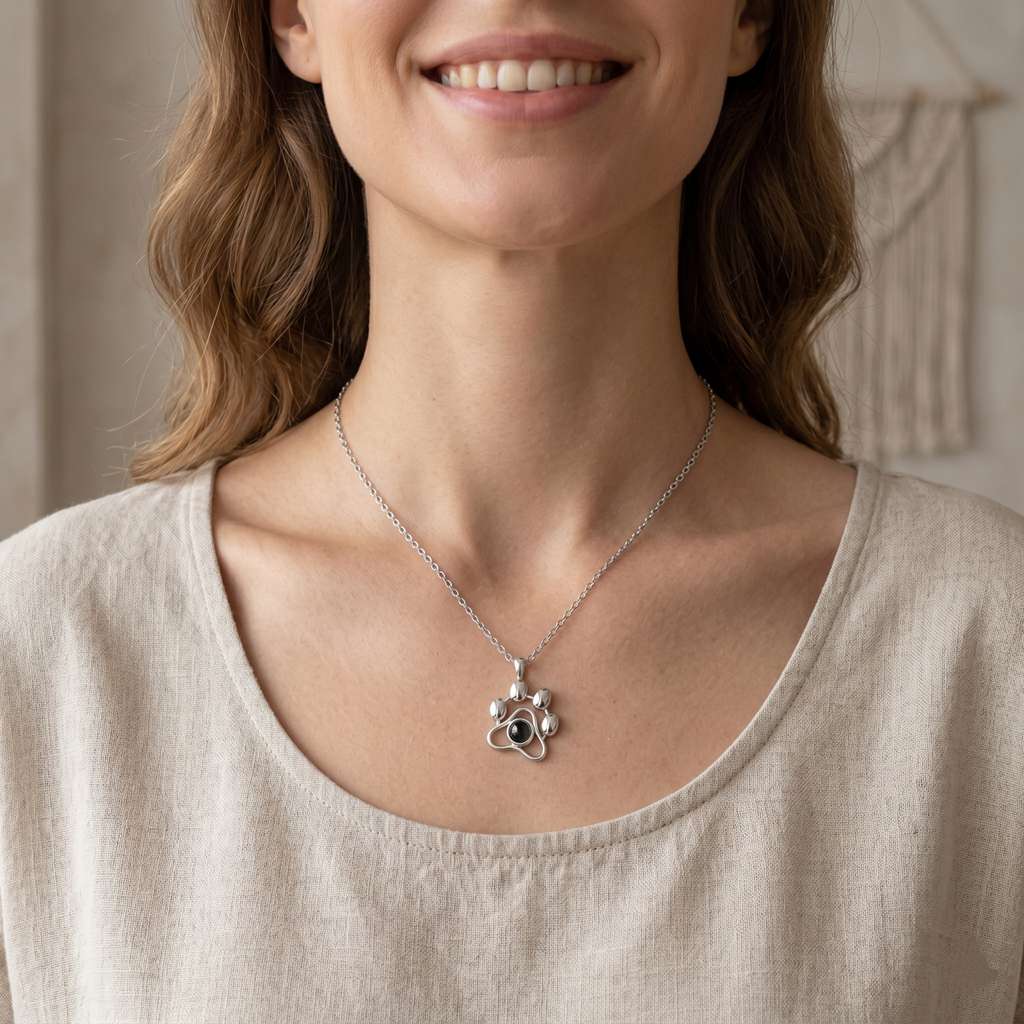 Personalized Paw Print Photo Projection Necklace - Silver