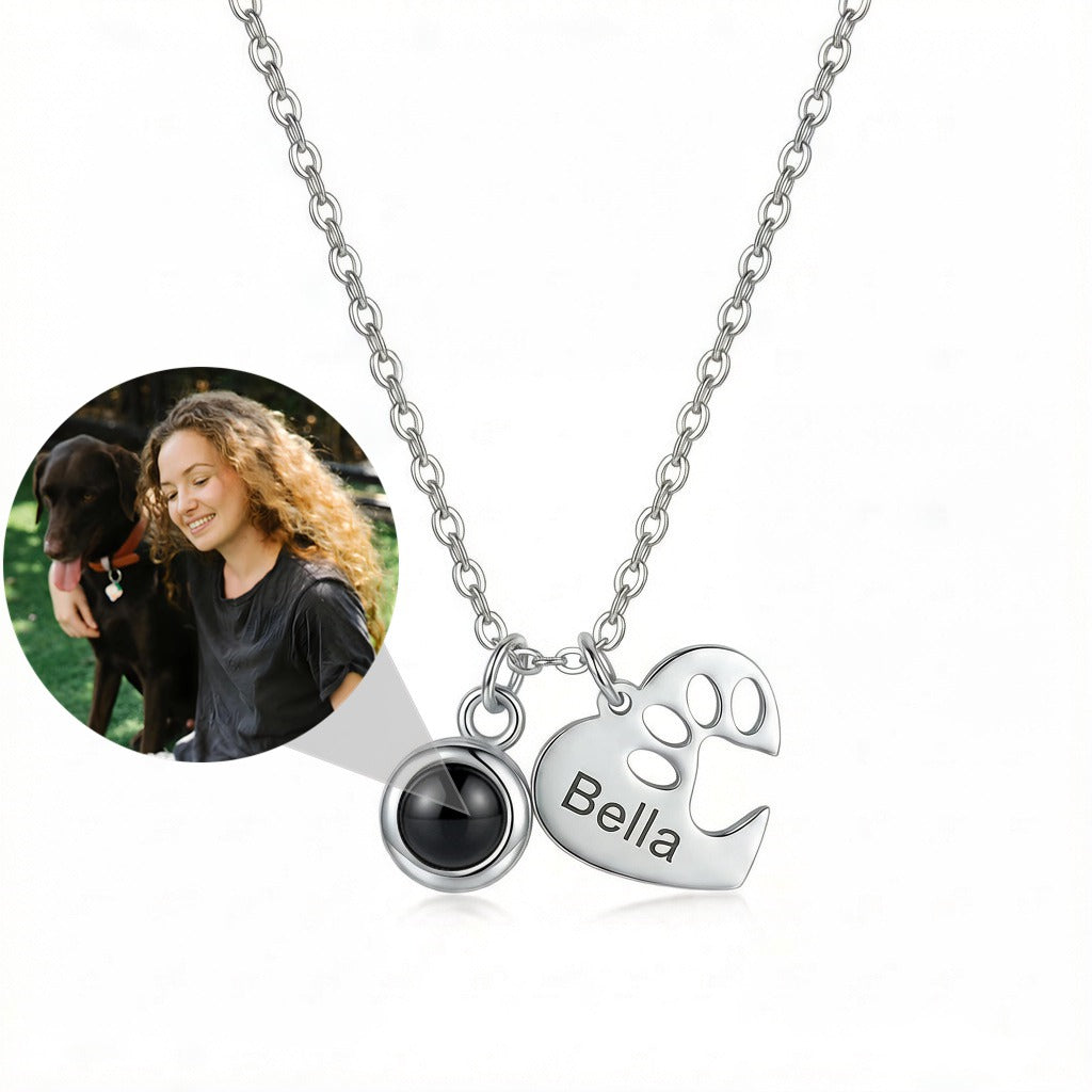 Personalized Paw and Heart Photo Projection Necklace - Silver