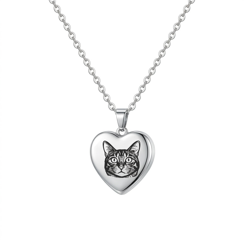Personalized Pet Portrait Heart Urn Necklace - Silver