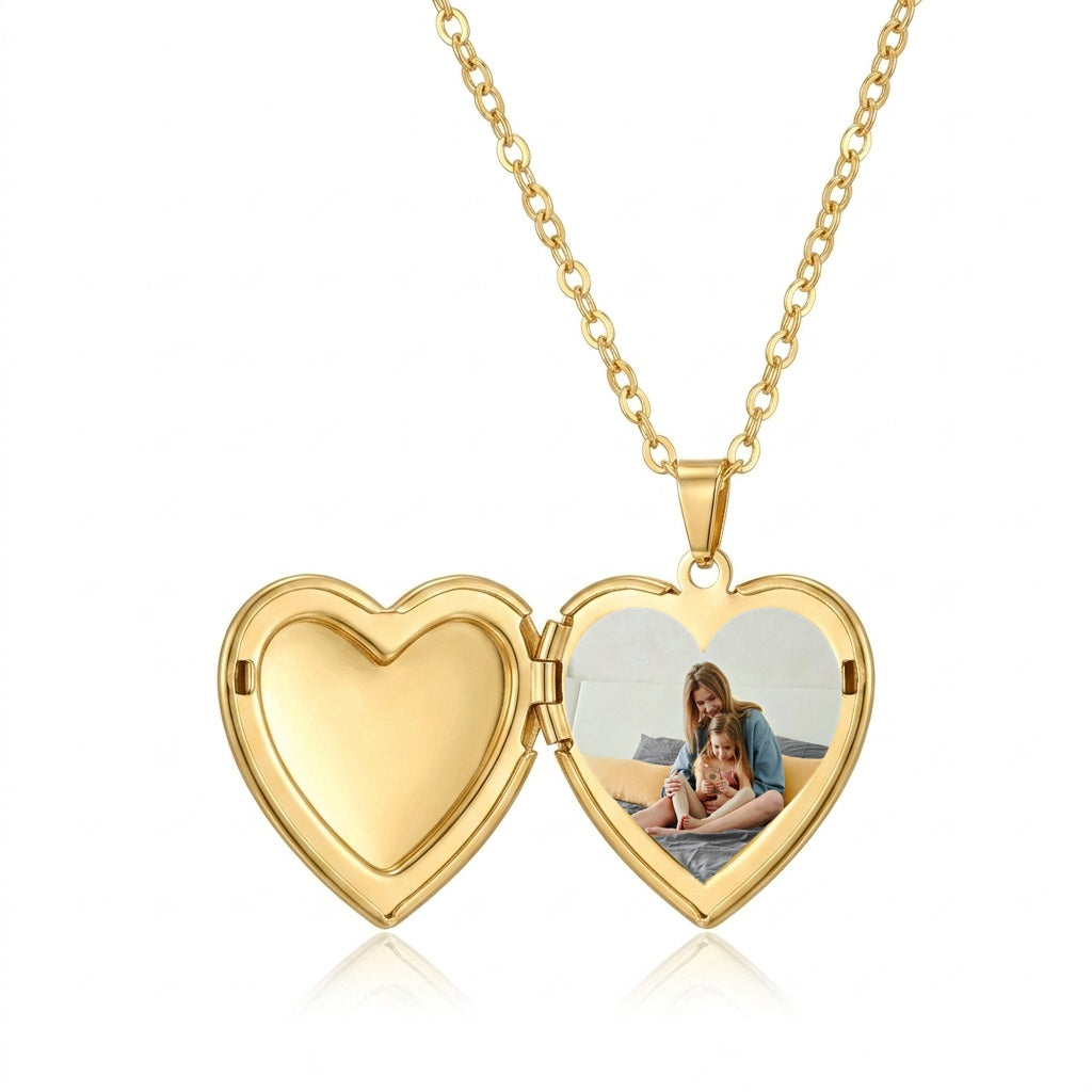 Personalized Polished Plain Heart Photo Locket Necklace - Gold1
