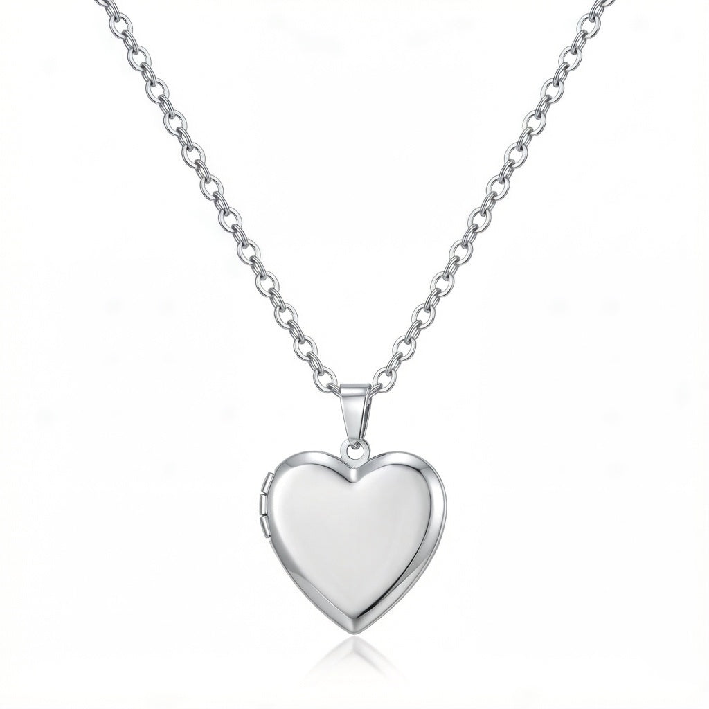 Personalized Polished Plain Heart Photo Locket Necklace - Silver