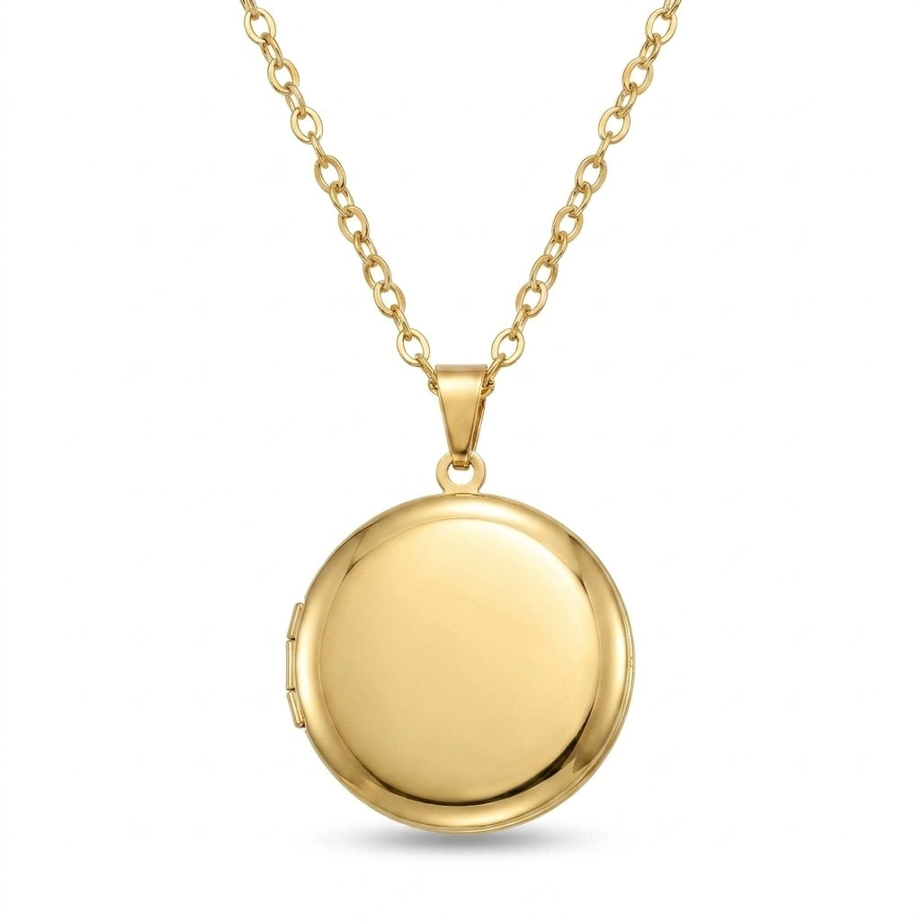 Personalized Polished Plain Round Photo Locket Necklace - Gold