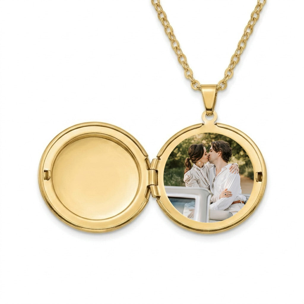 Personalized Polished Plain Round Photo Locket Necklace - Gold1