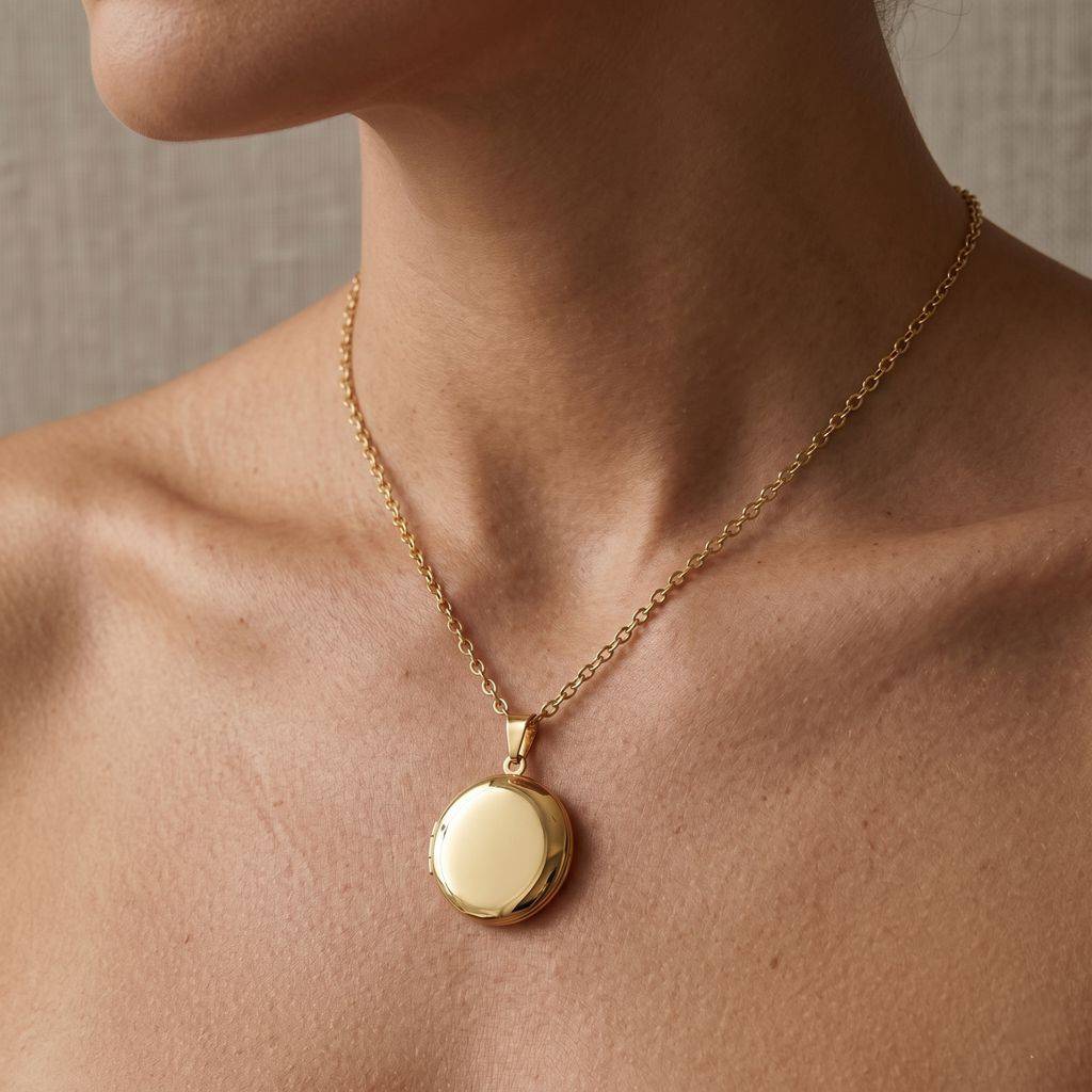 Personalized Polished Plain Round Photo Locket Necklace - Gold3