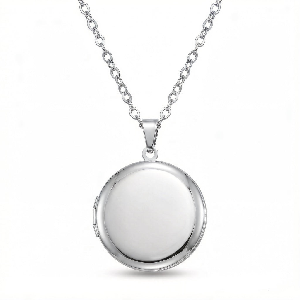 Personalized Polished Plain Round Photo Locket Necklace - Silver