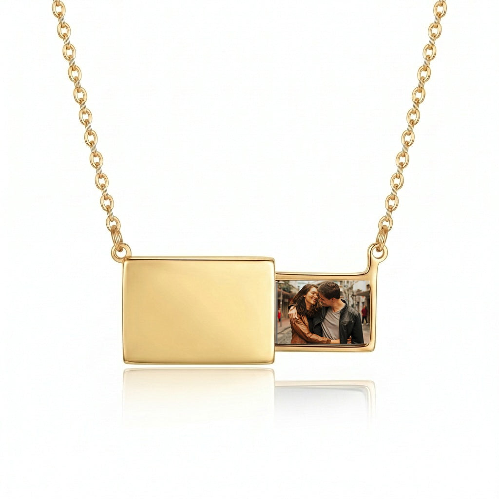 Personalized Rectangular Photo Locket Necklace - Gold