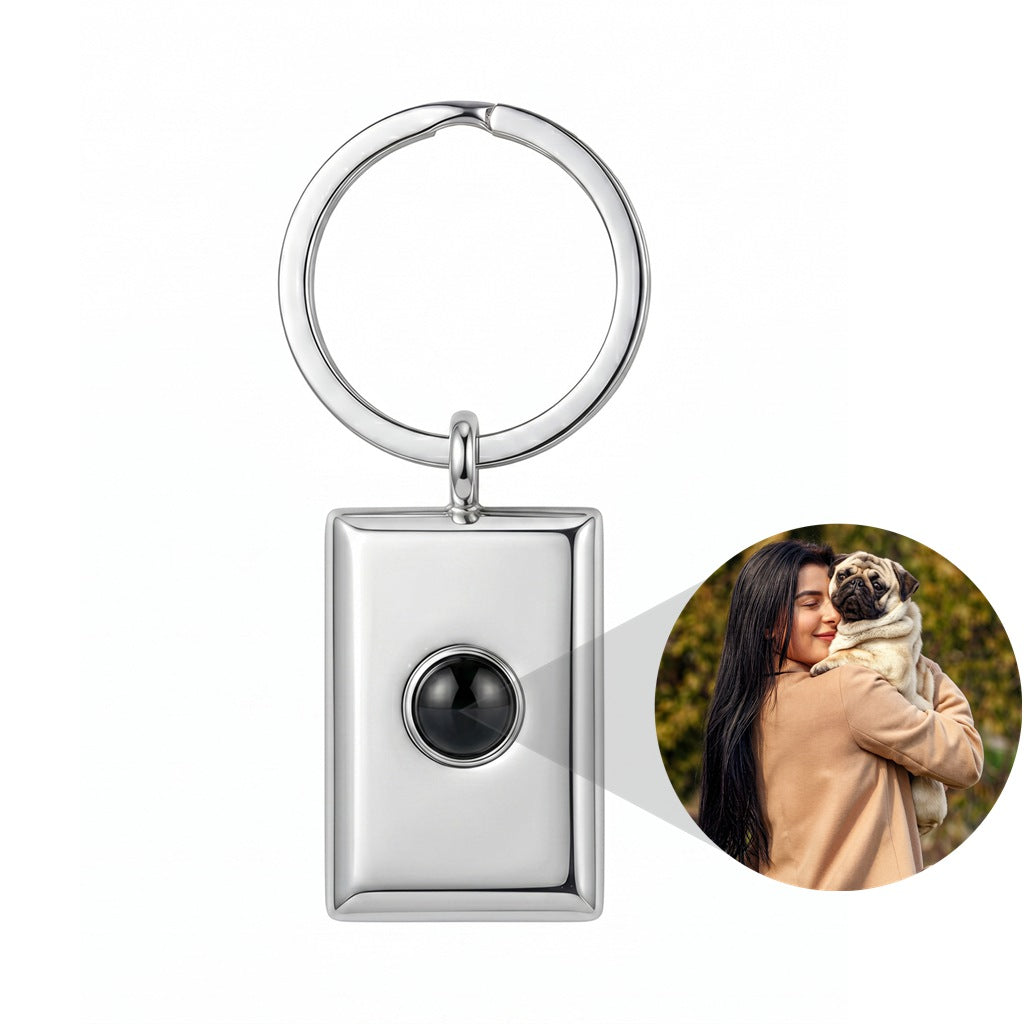 Personalized Rectangular Photo Projection Keychain -Silver