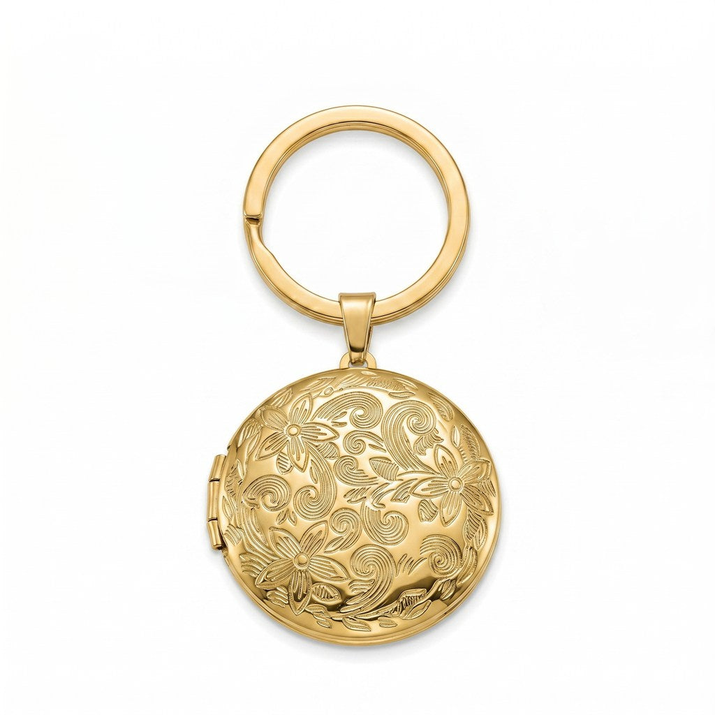 Personalized Round Floral Locket Keychain - Gold
