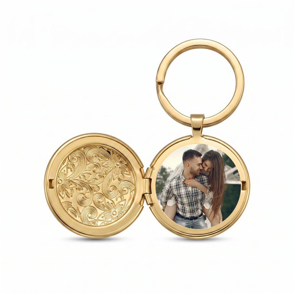 Personalized Round Floral Locket Keychain - Gold1