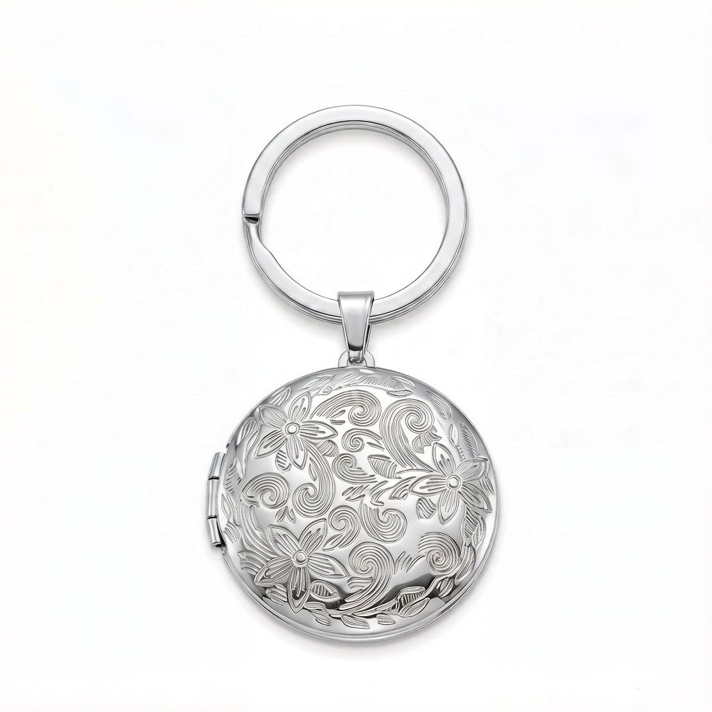 Personalized Round Floral Locket Keychain - Silver