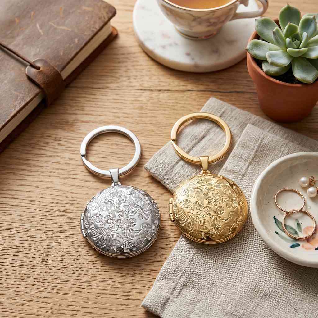 Personalized Round Floral Locket Keychain - Silver