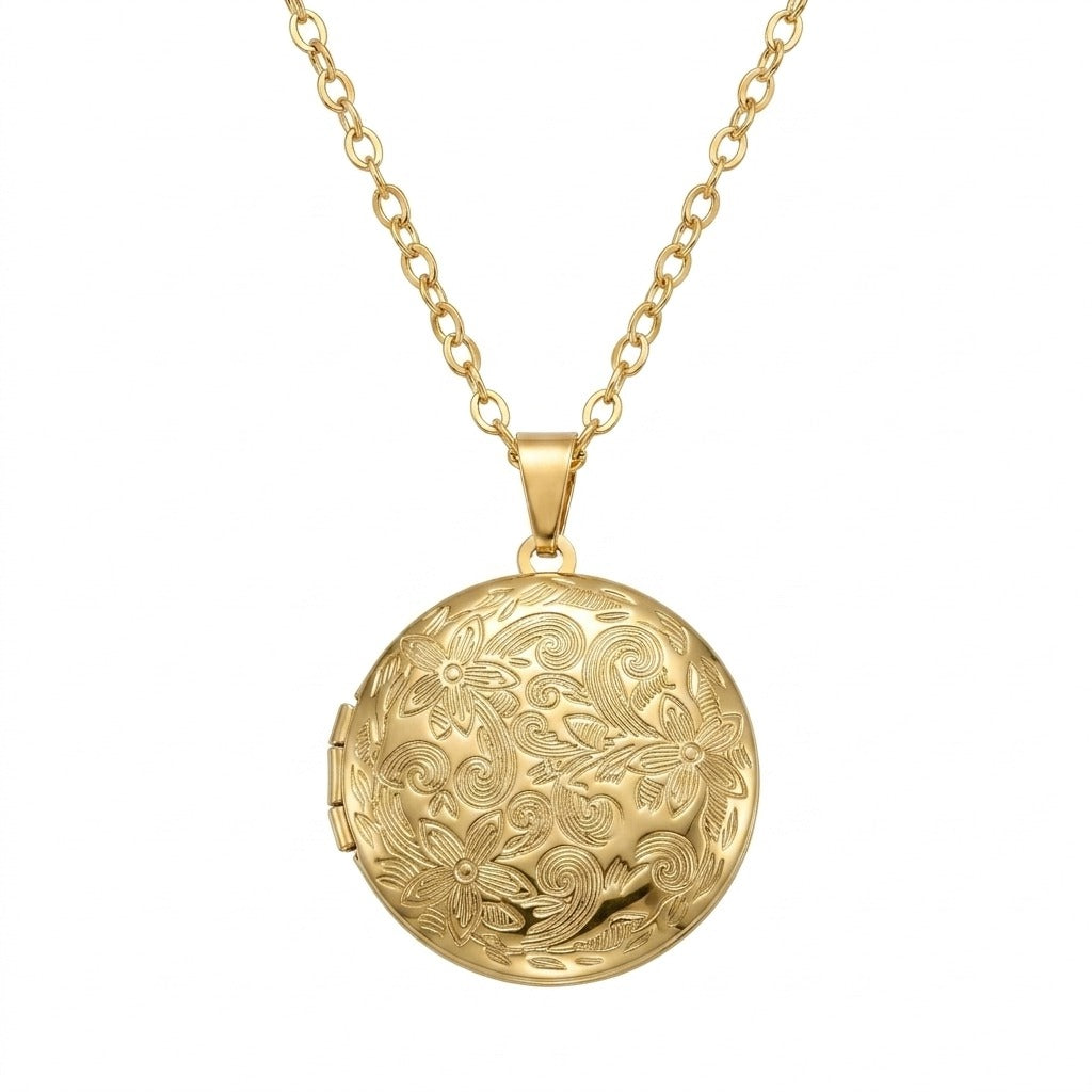 Personalized Round Floral Photo Locket Necklace - Gold