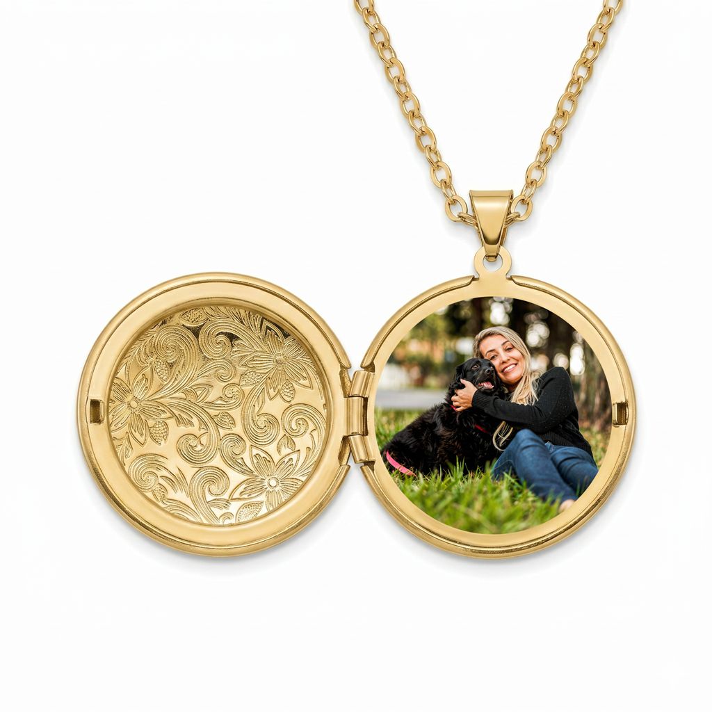 Personalized Round Floral Photo Locket Necklace - Gold1