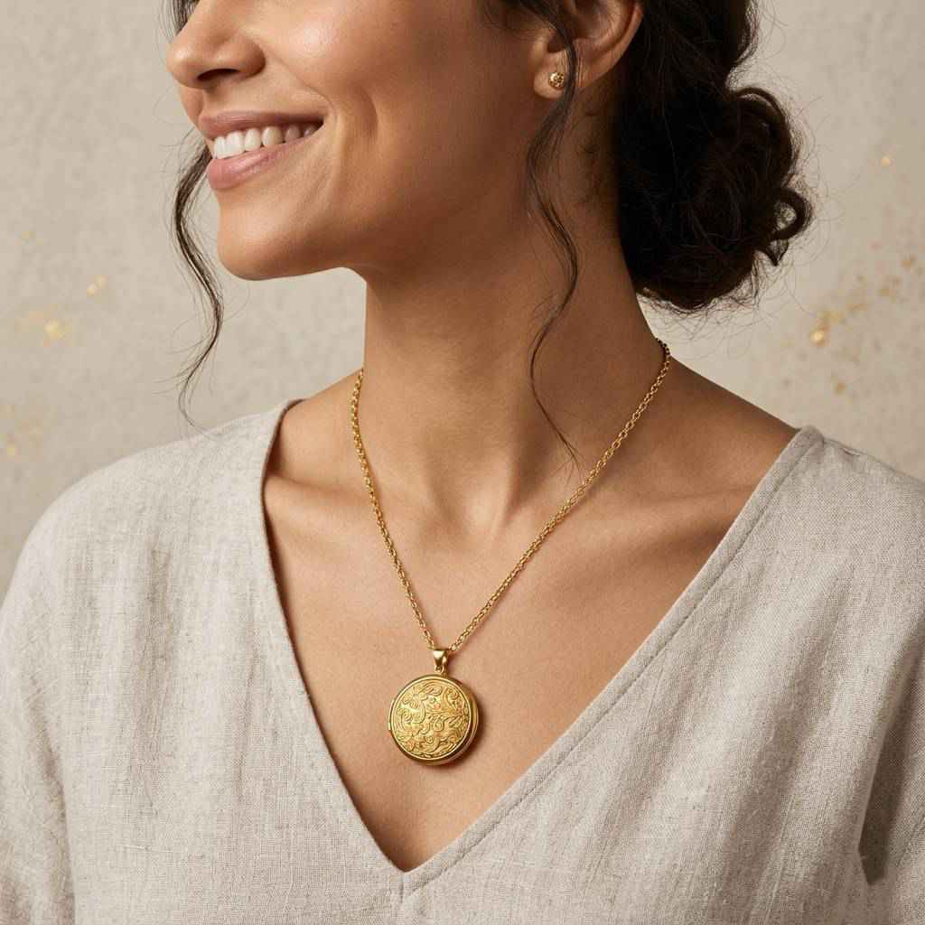 Personalized Round Floral Photo Locket Necklace - Gold2