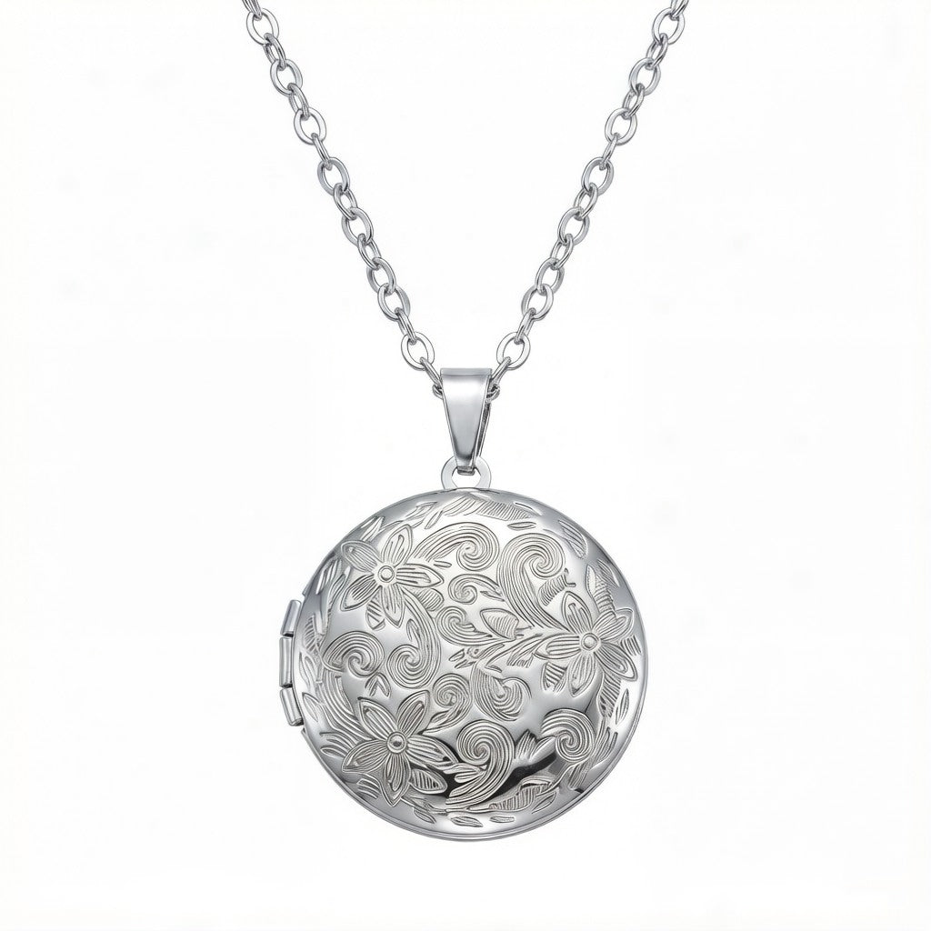 Personalized Round Floral Photo Locket Necklace - Silver