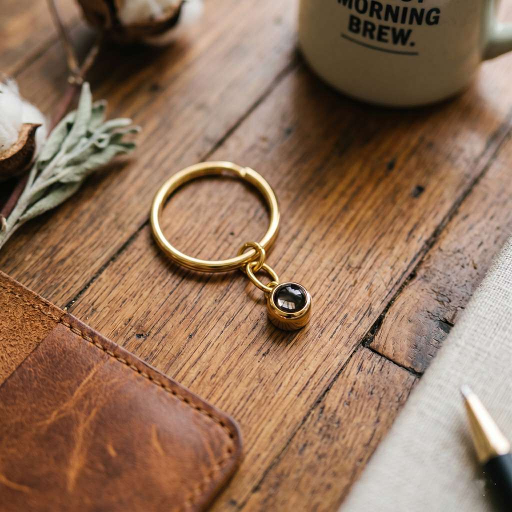 Personalized Round Photo Projection Keychain - Gold1