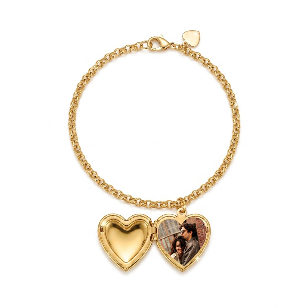 Personalized Smooth Heart Photo Locket Bracelet - Gold1