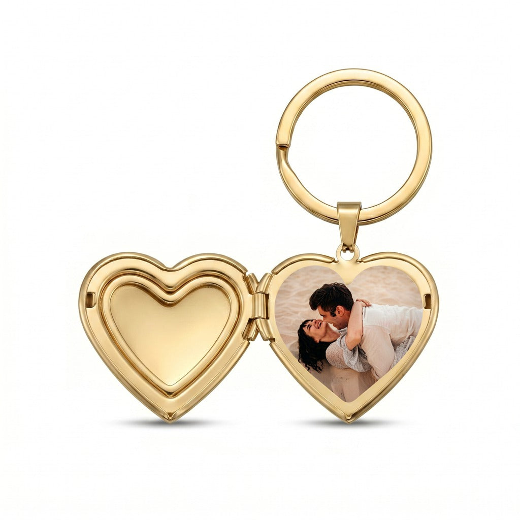 Personalized Smooth Heart Photo Locket Keychain - Gold1