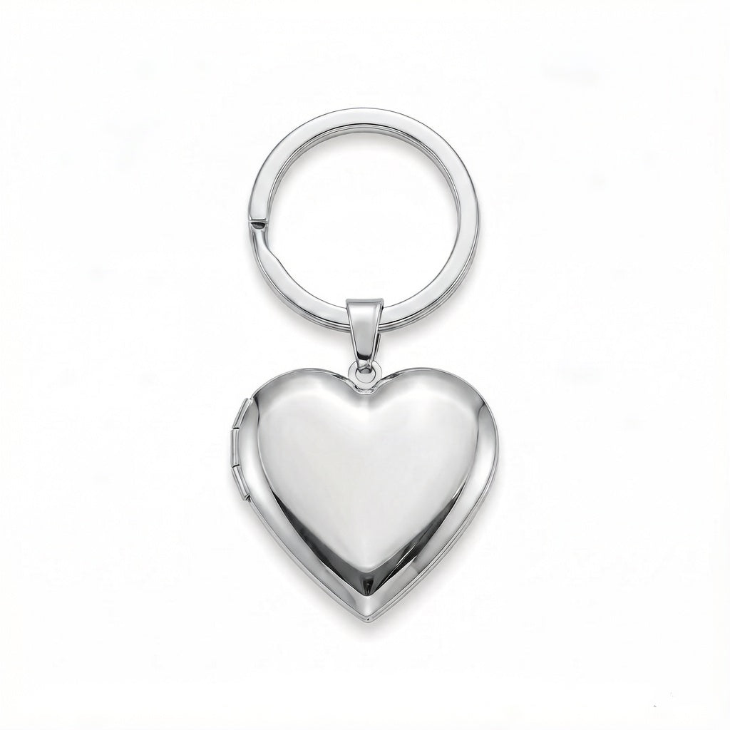 Personalized Smooth Heart Photo Locket Keychain - Silver