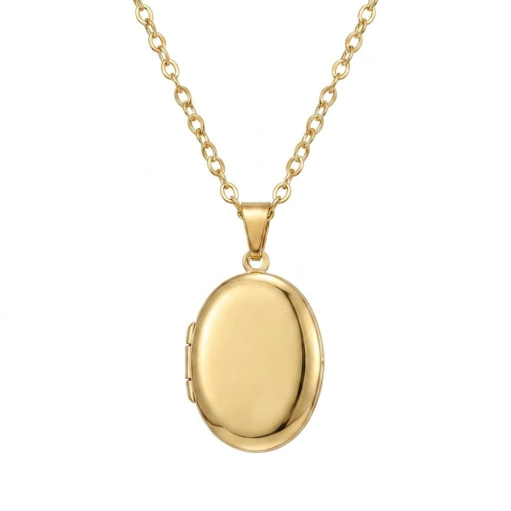 Personalized Smooth Oval Photo Locket Necklace - Gold