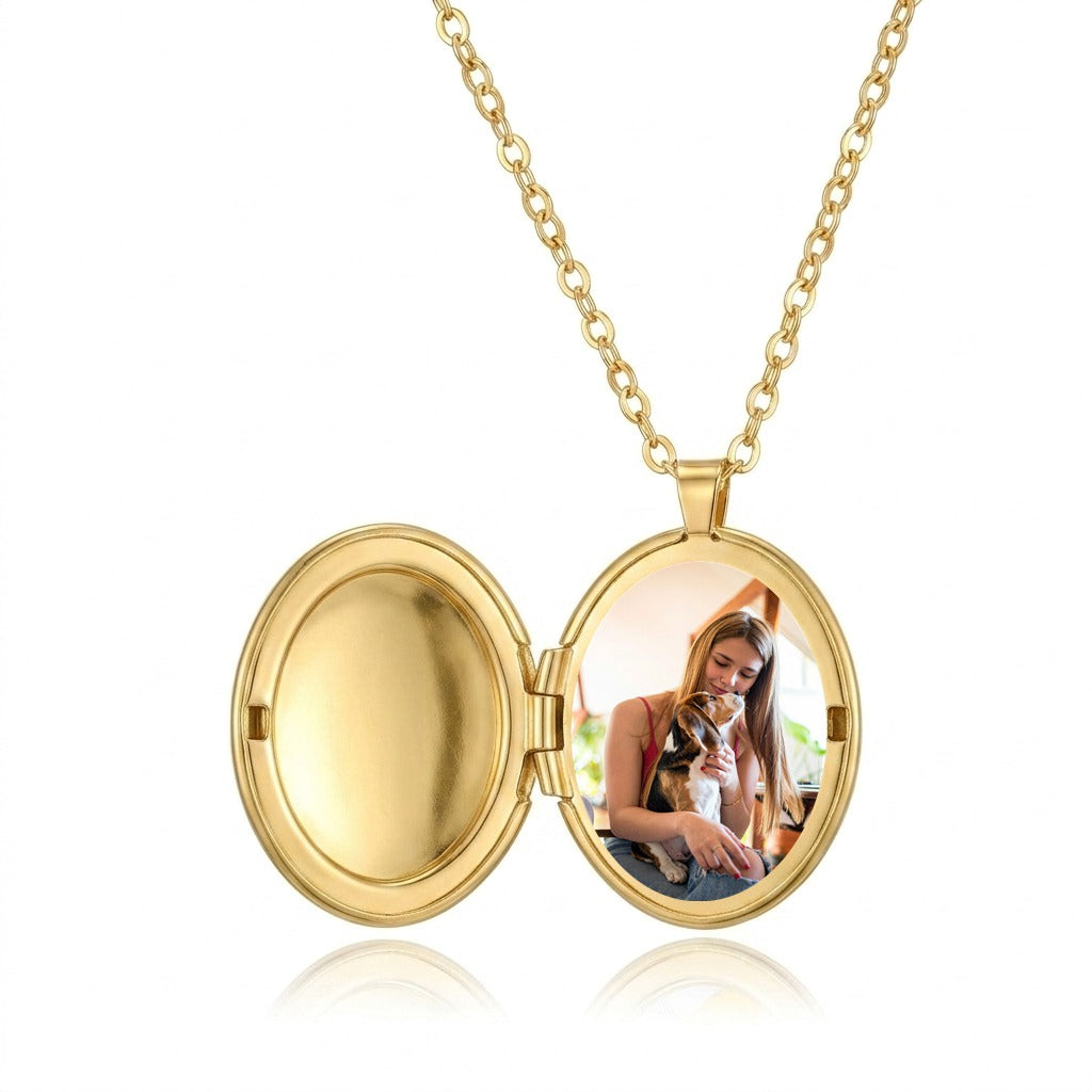 Personalized Smooth Oval Photo Locket Necklace - Gold1