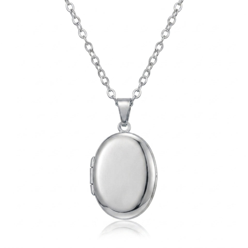 Personalized Smooth Oval Photo Locket Necklace - Silver
