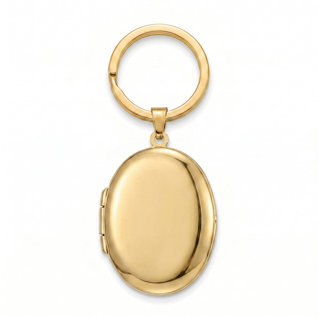 Personalized Smooth Polished Oval Photo Locket Keychain -Gold