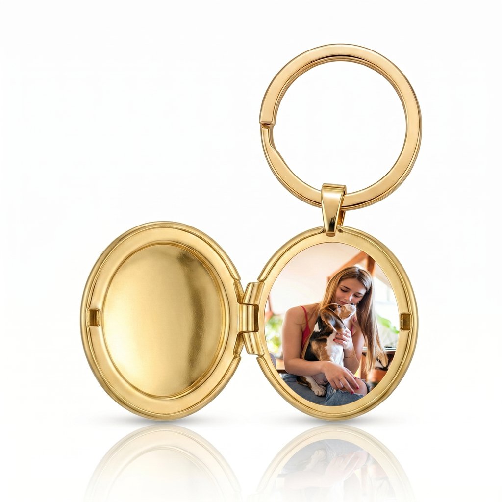Personalized Smooth Polished Oval Photo Locket Keychain -Gold