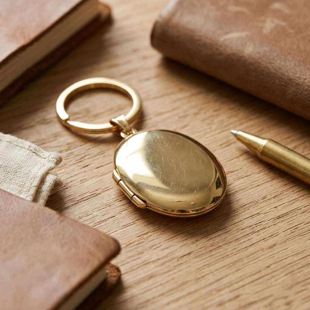 Personalized Smooth Polished Oval Photo Locket Keychain -Gold