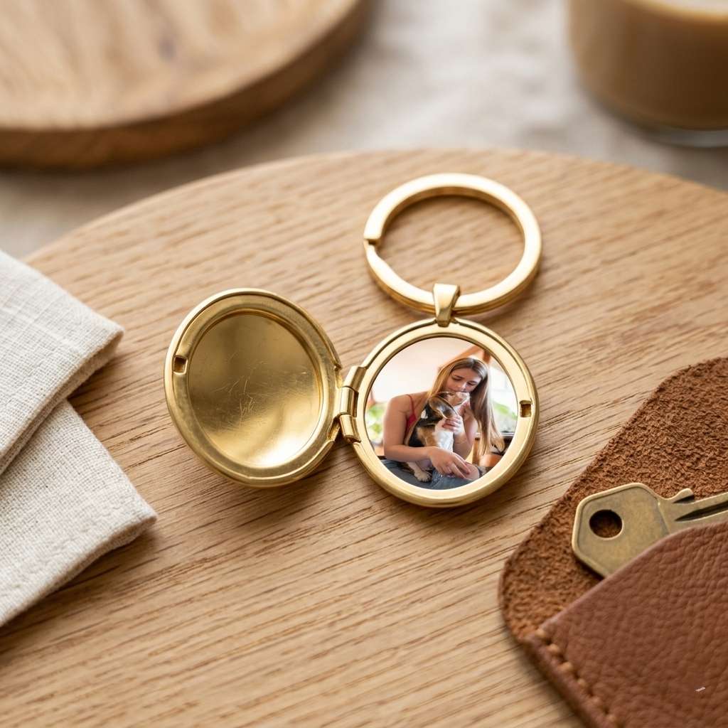 Personalized Smooth Polished Oval Photo Locket Keychain -Gold
