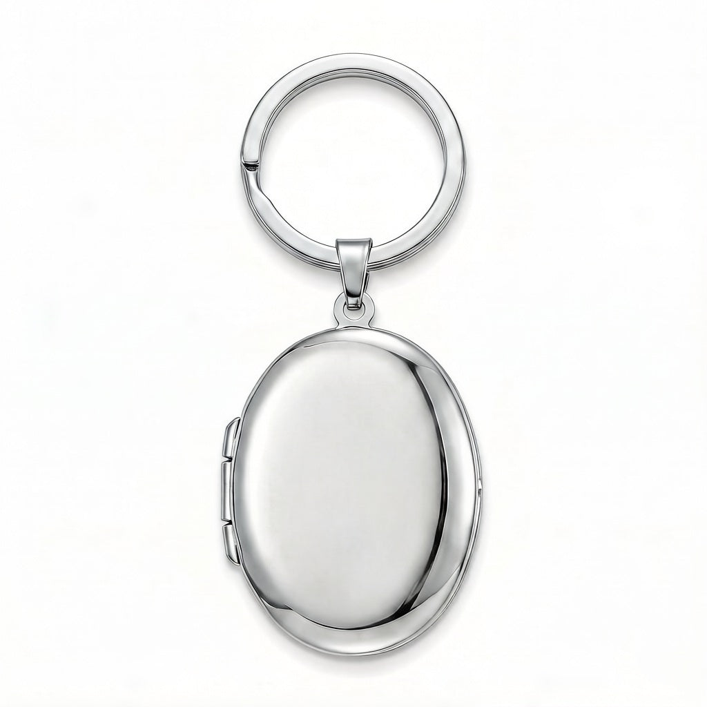 Personalized Smooth Polished Oval Photo Locket Keychain - Silver