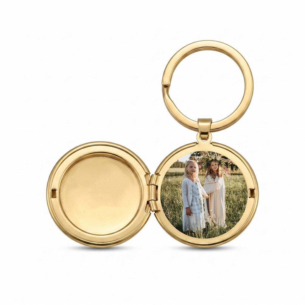 Personalized Smooth Round Photo Locket Keychain - Gold1