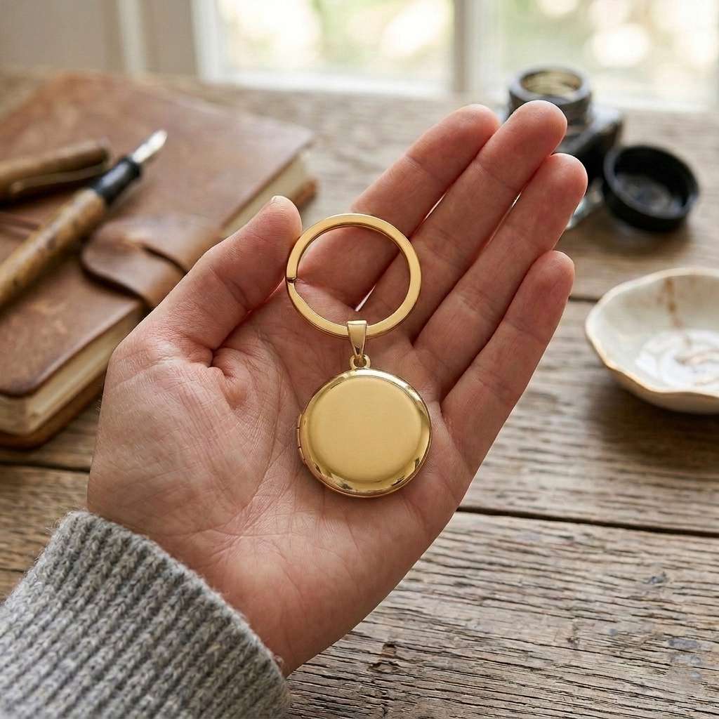 Personalized Smooth Round Photo Locket Keychain - Gold2