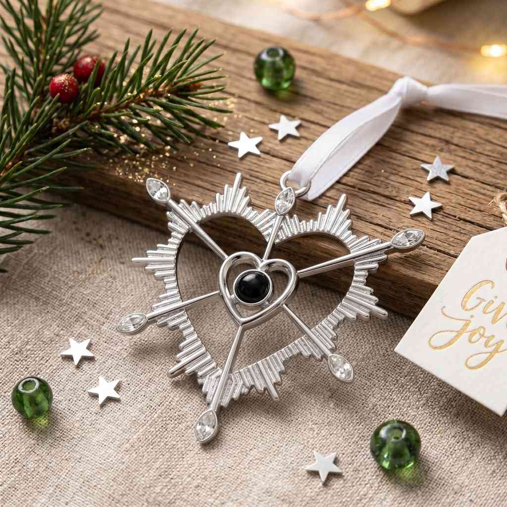 Personalized Snowflake Heart Photo Projection Ornament - Silver1