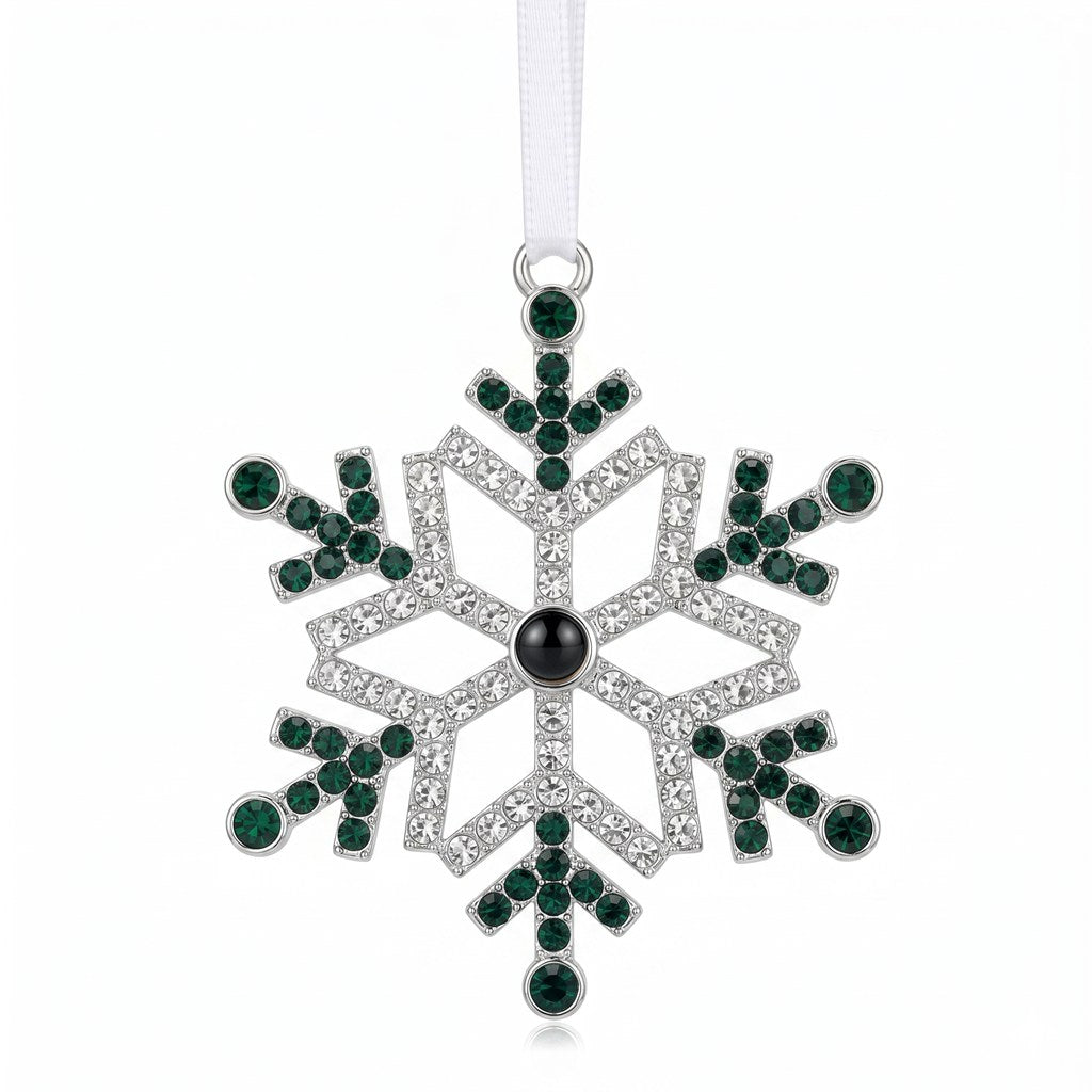 Personalized Pavé Snowflake Photo Projection Ornament - Silver & Green