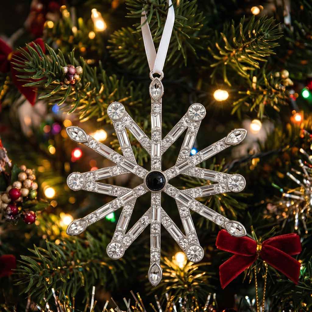 Personalized Snowflake Photo Projection Ornament With Sparkling Crystals - Silver