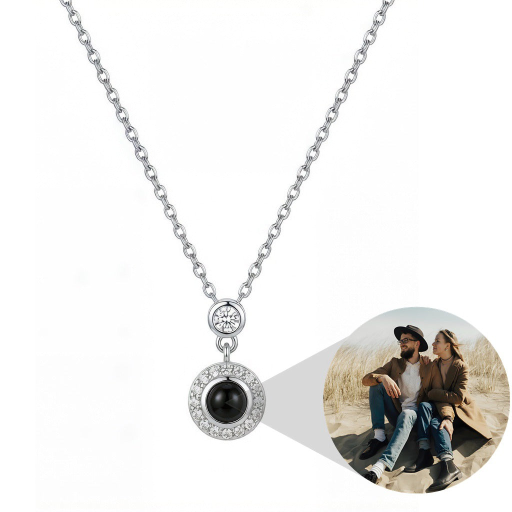 Personalized Sparkling Circle Photo Projection Necklace - Silver