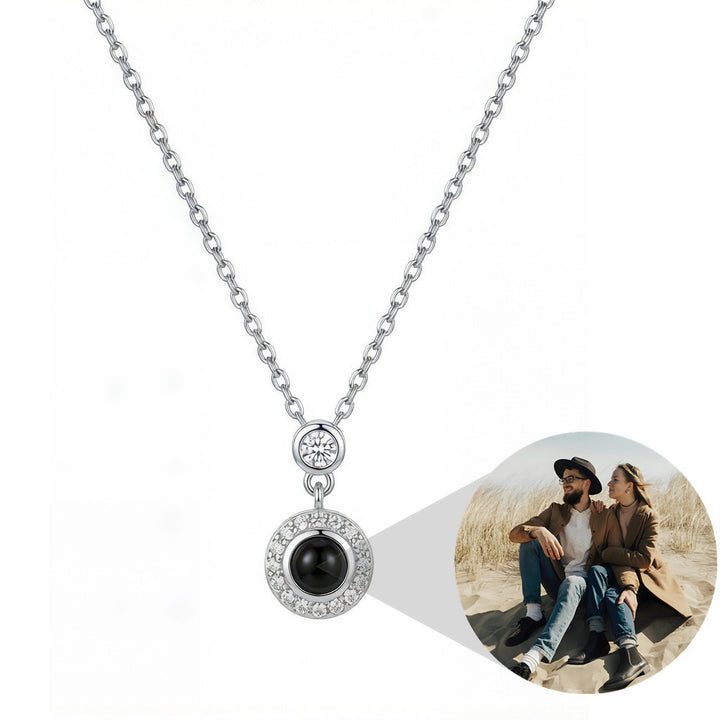 Personalized Sparkling Circle Photo Projection Necklace - Silver