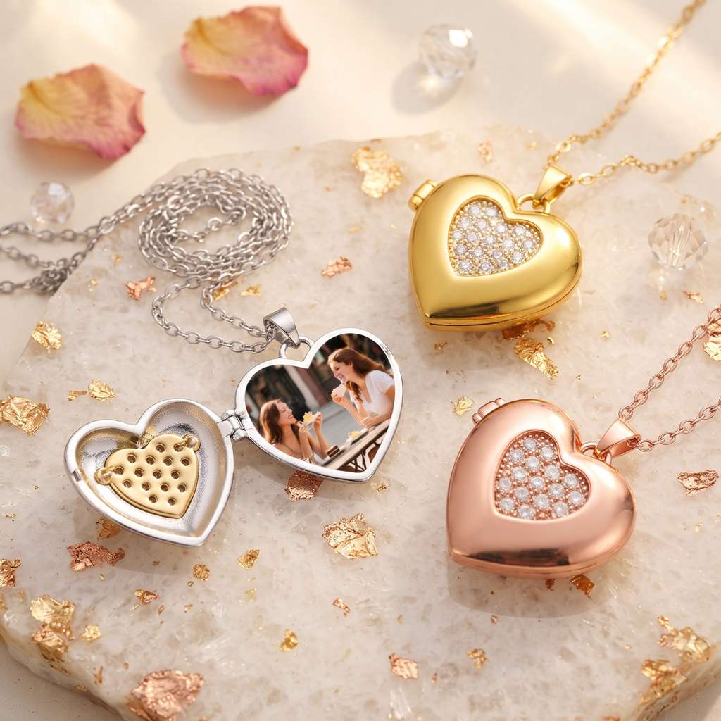 Personalized Sparkling Heart Photo Locket Necklace 